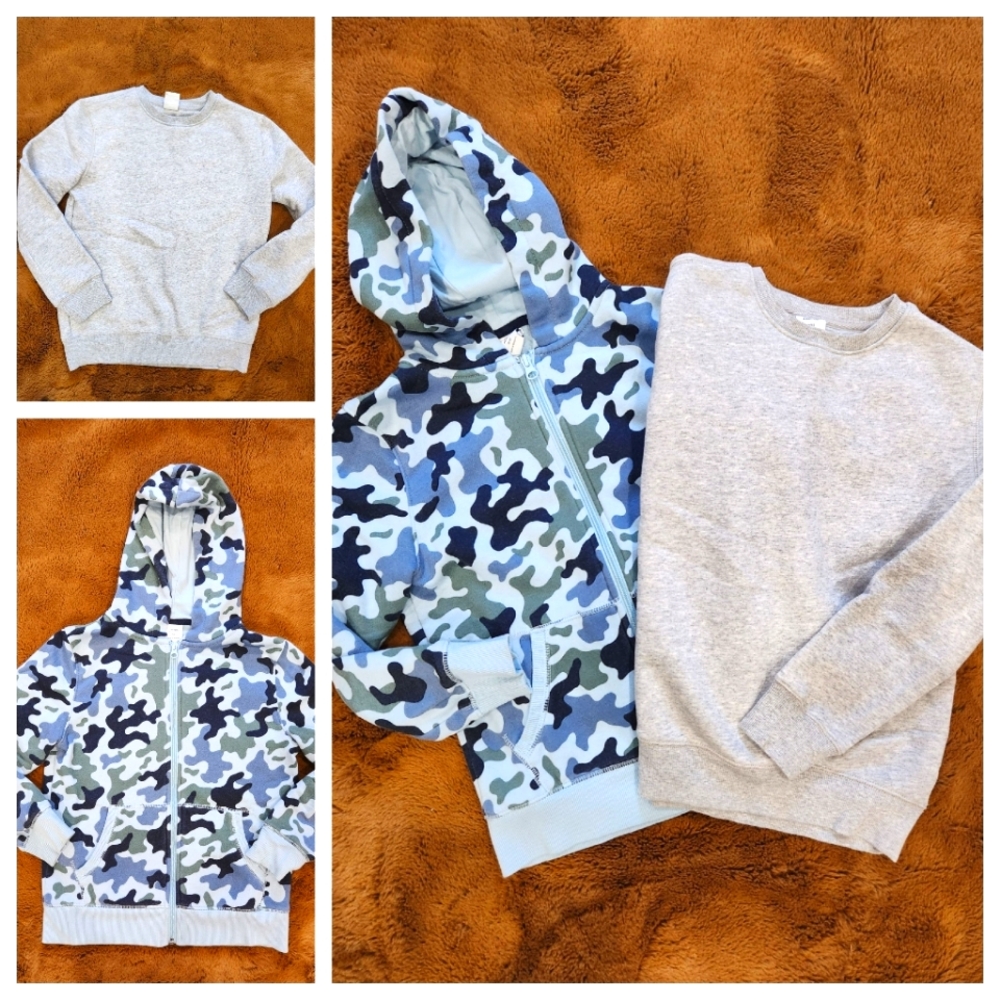 Boys Med (8), two Amazon Essentials Camouflage and Solid Grey Sweatshirt Duo